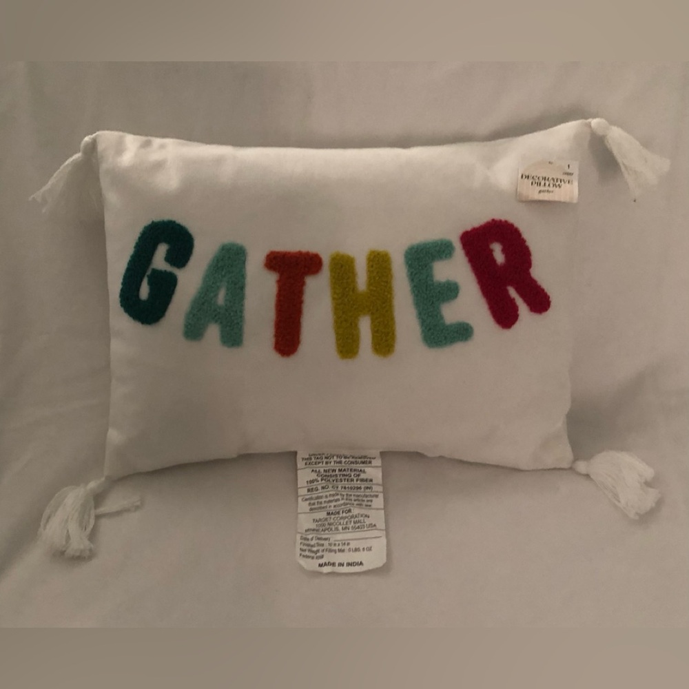 Decorative 'Gather' Accent Pillow - White with Multicolor Letters.10”X14”